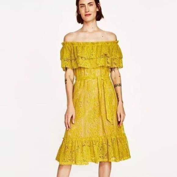 Zara Yellow Off The Shoulders Lace Dress- Size Small - Picture 2 of 16